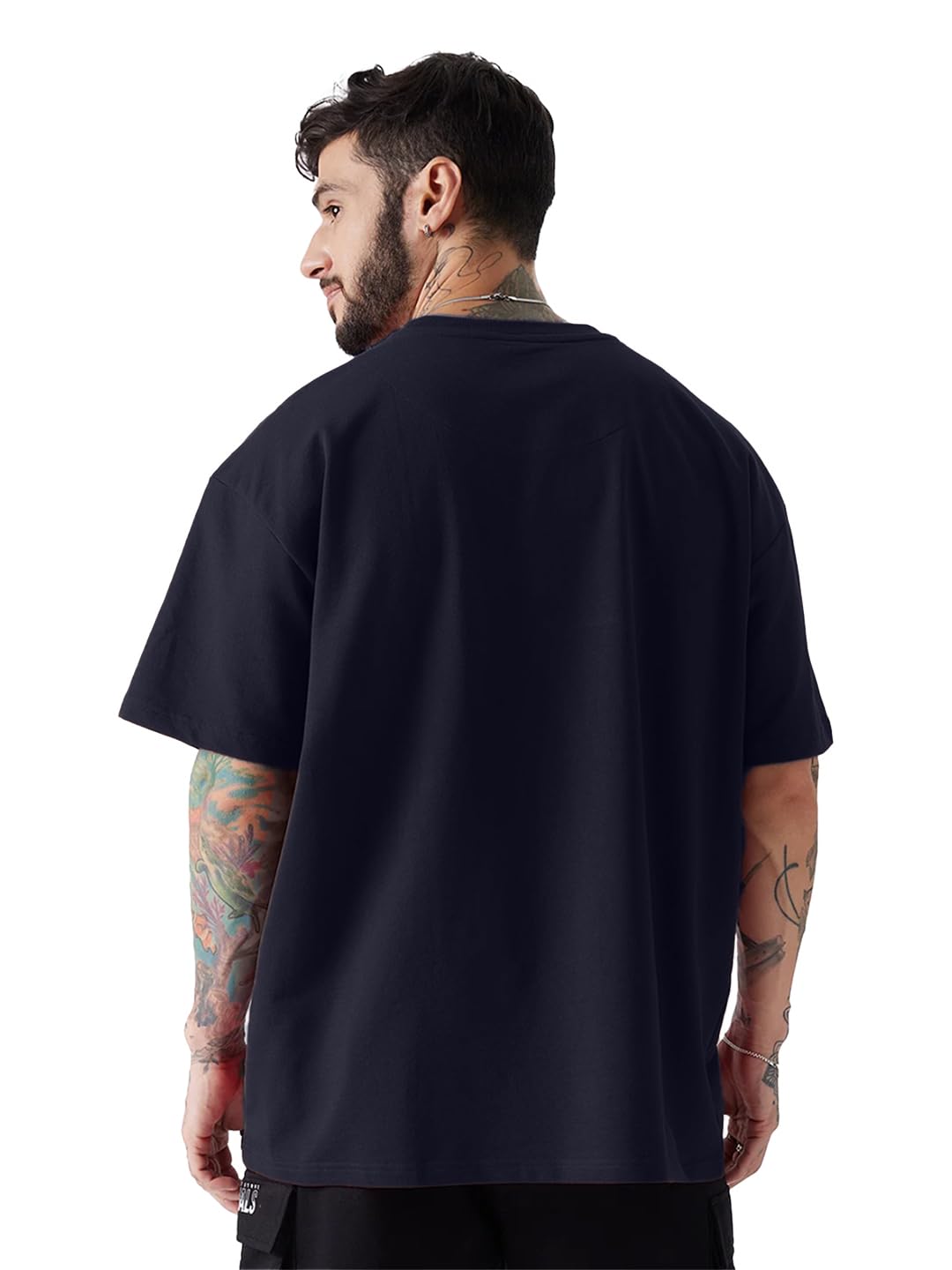 LEOTUDE Man Cotton Blend Graphic Print Round Neck Half Sleeve Drop Shoulder Oversized T Shirt (Color Navy Blue)