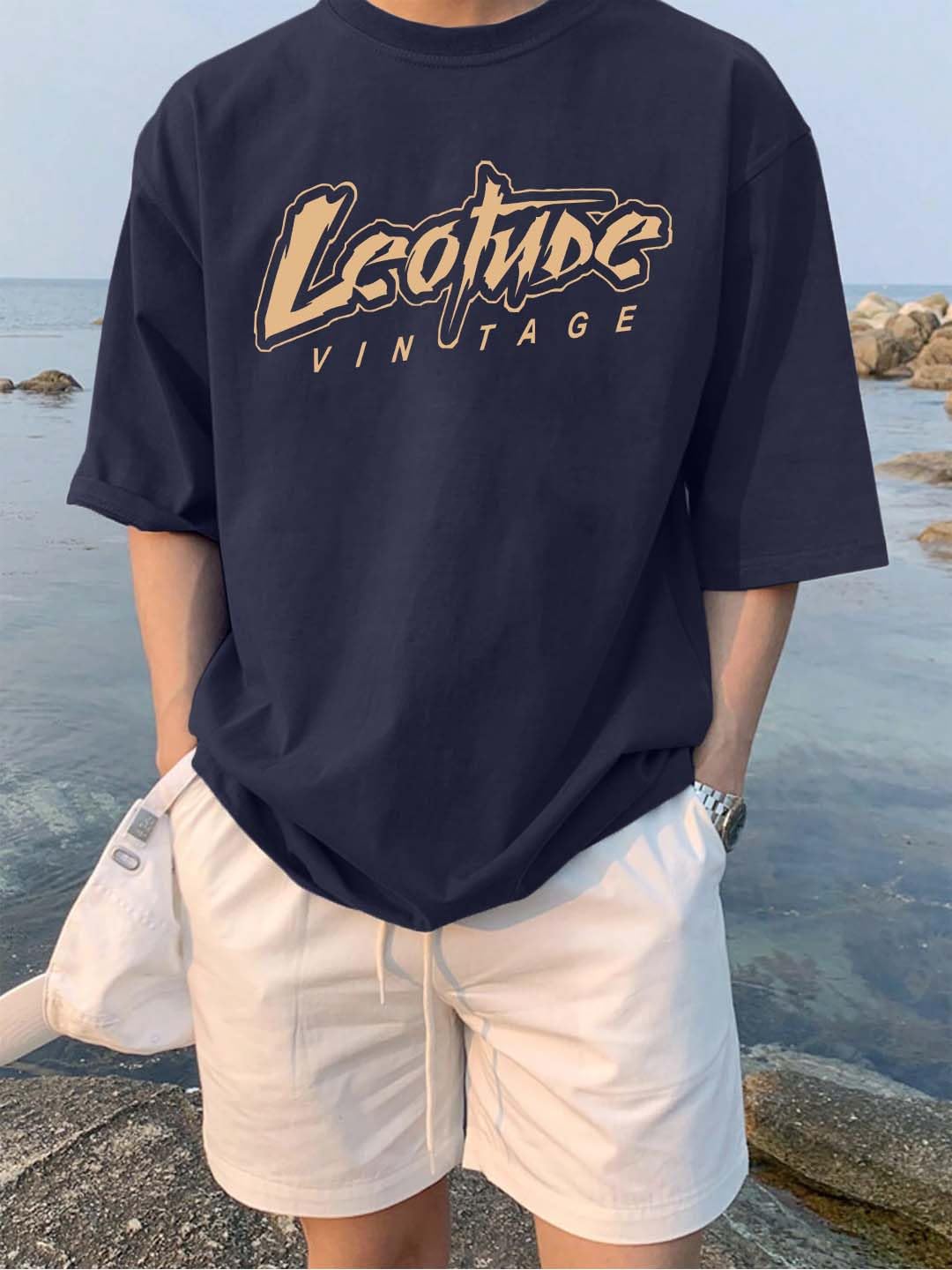 LEOTUDE Man Cotton Blend Graphic Print Round Neck Half Sleeve Drop Shoulder Oversized T Shirt (Color Navy Blue)