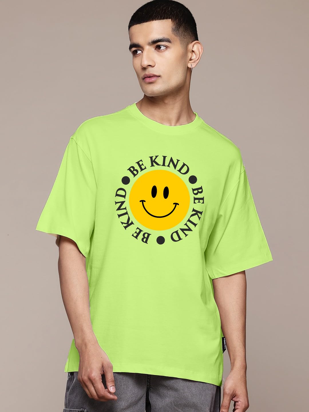 LEOTUDE Man Cotton Blend Graphic Print Round Neck Half Sleeve Drop Shoulder Oversized T Shirt (Color Navy Blue)