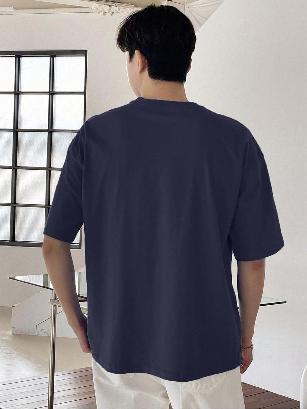 LEOTUDE Man Cotton Blend Graphic Print Round Neck Half Sleeve Drop Shoulder Oversized T Shirt (Color Navy Blue)