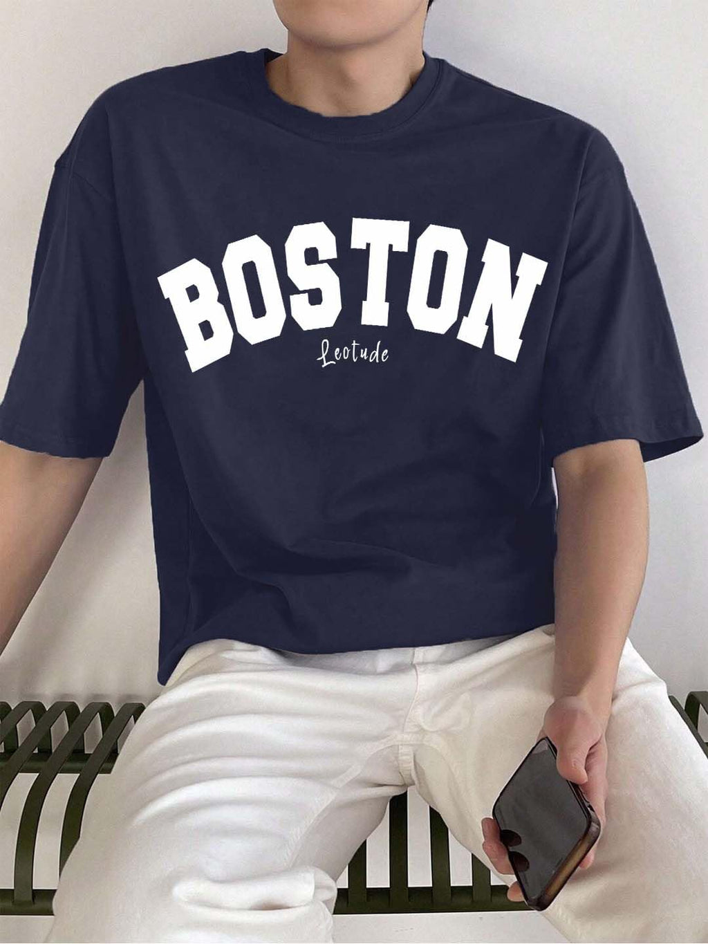 LEOTUDE Man Cotton Blend Graphic Print Round Neck Half Sleeve Drop Shoulder Oversized T Shirt (Color Navy Blue)