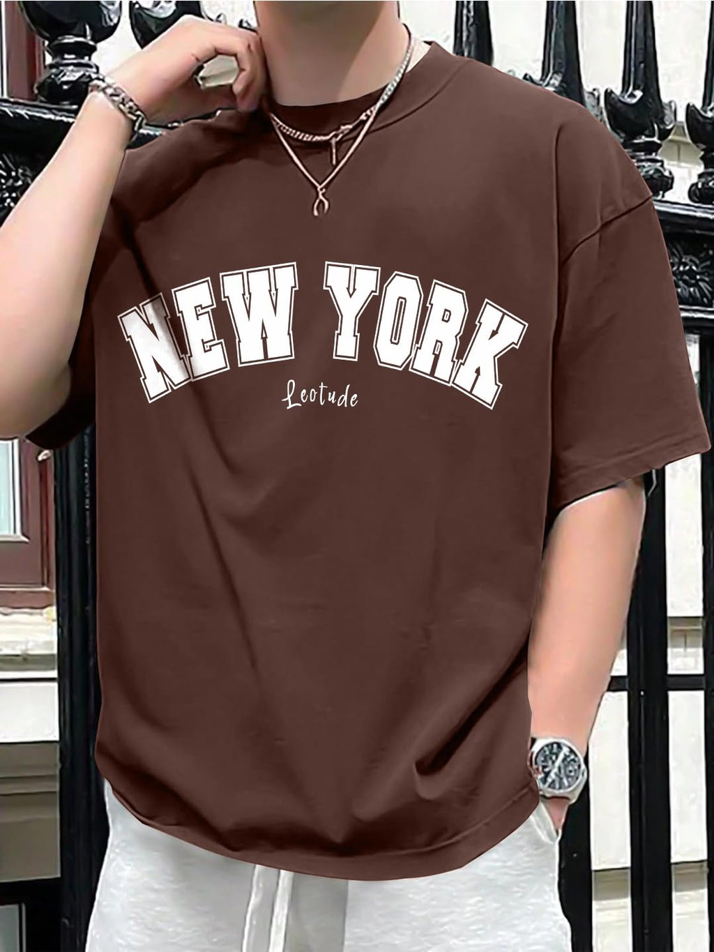 LEOTUDE Man Cotton Blend Graphic Print Round Neck Half Sleeve Drop Shoulder Oversized T Shirt (Color Navy Blue)