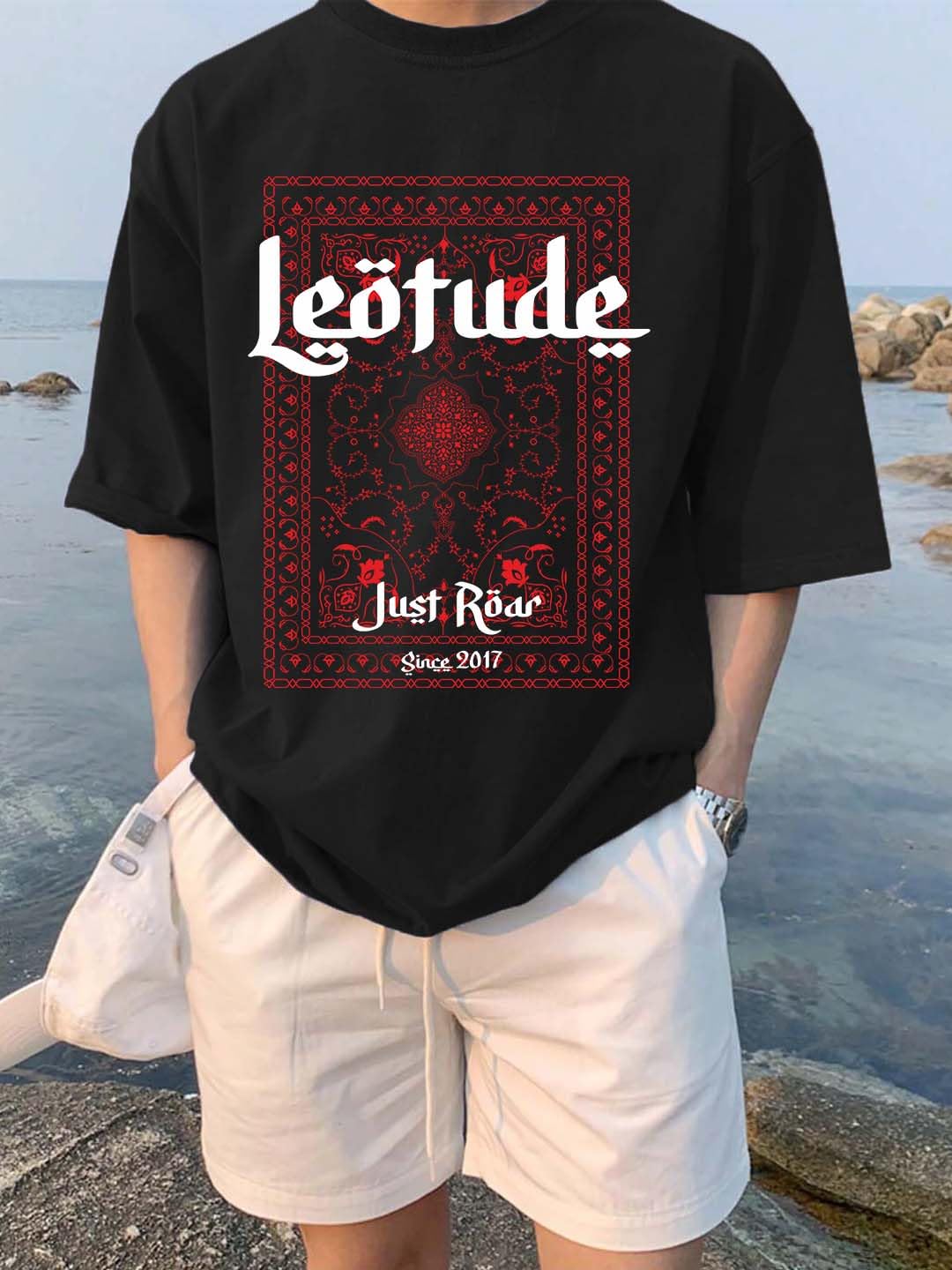LEOTUDE Man Cotton Blend Graphic Print Round Neck Half Sleeve Drop Shoulder Oversized T Shirt (Color Navy Blue)
